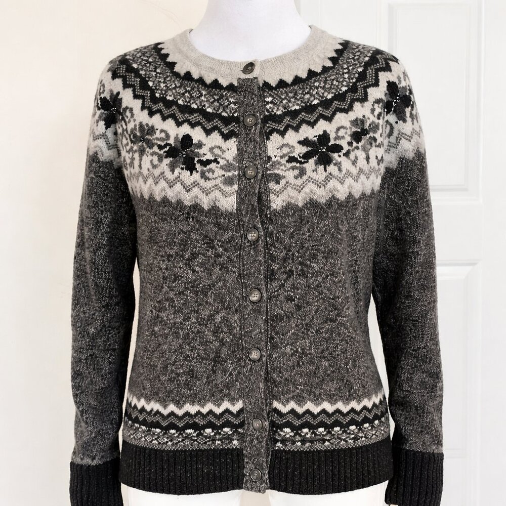 Eddie Bauer XL Lambswool Fair Isle Cardigan Nordic Wool Blend Sweater